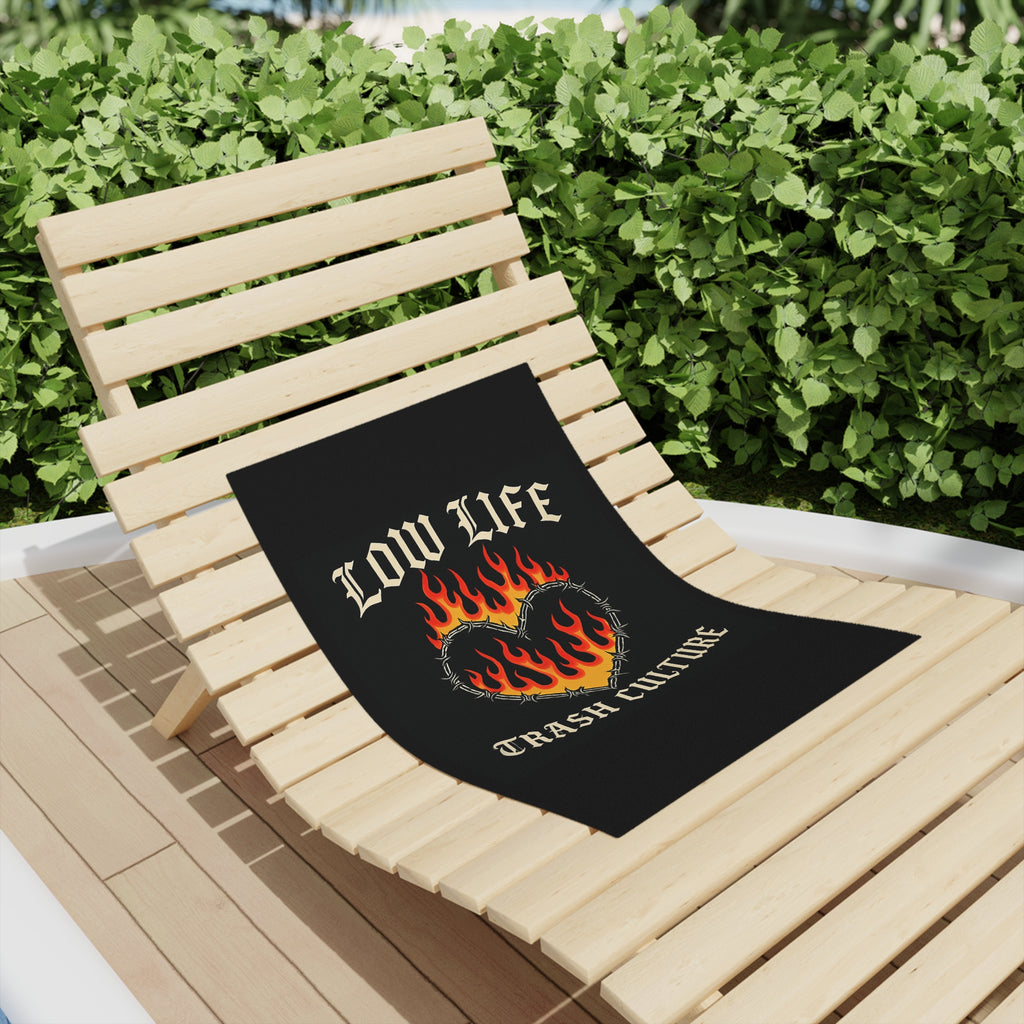 Flaming Heart 'Low Life Trash Culture' Beach Towel – Edgy Gothic Summer Towel