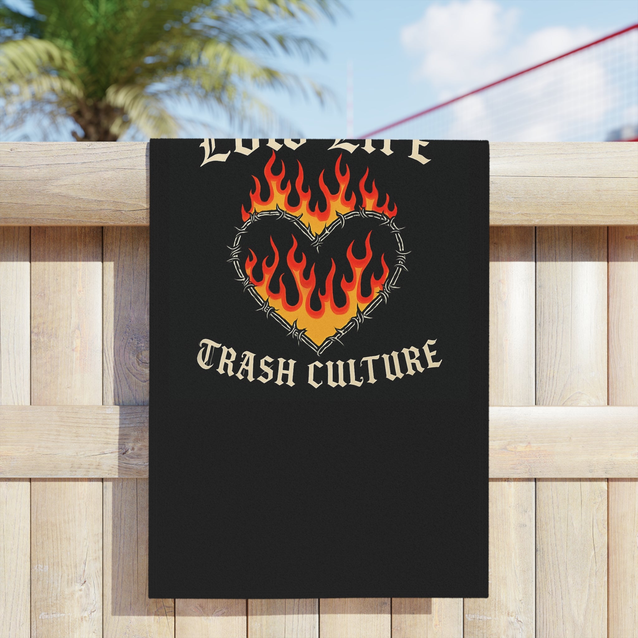 Flaming Heart 'Low Life Trash Culture' Beach Towel – Edgy Gothic Summer Towel