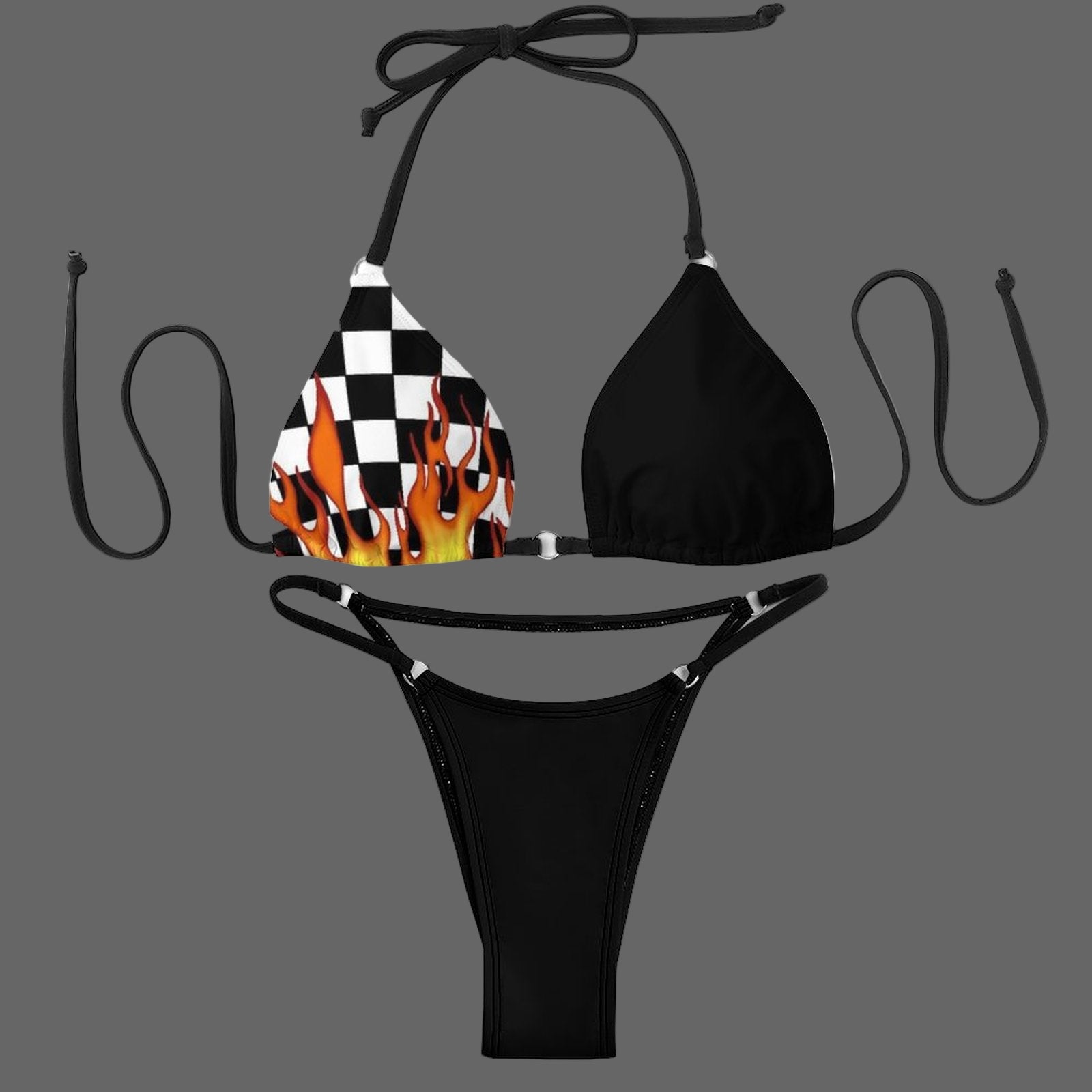 Black bikini set with checkered pattern and flame design on a white background